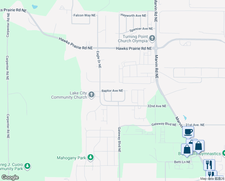 map of restaurants, bars, coffee shops, grocery stores, and more near 6942 Raptor Avenue Northeast in Olympia