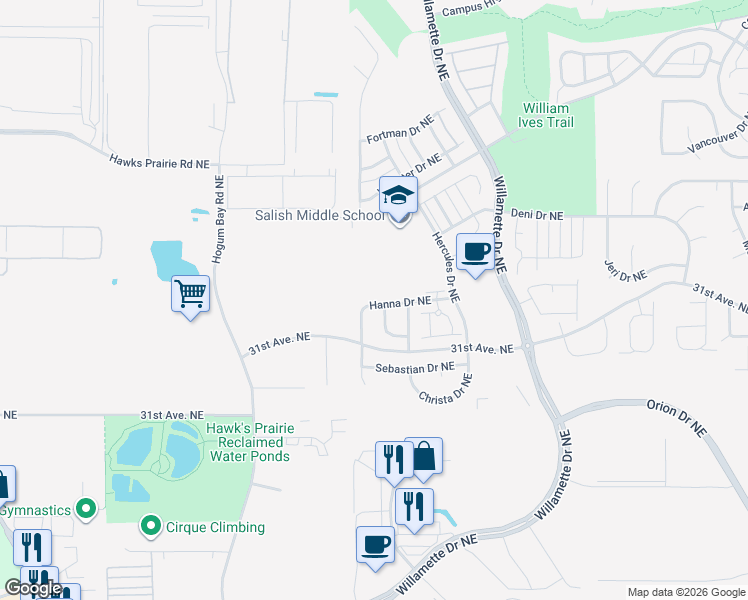 map of restaurants, bars, coffee shops, grocery stores, and more near 3229 Hanna Drive Northeast in Lacey