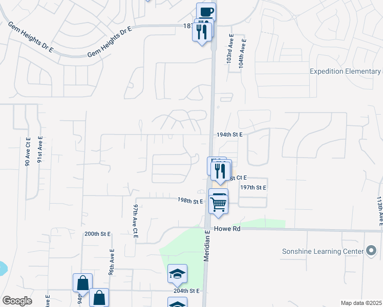 map of restaurants, bars, coffee shops, grocery stores, and more near 10099 195th Street Court East in Graham