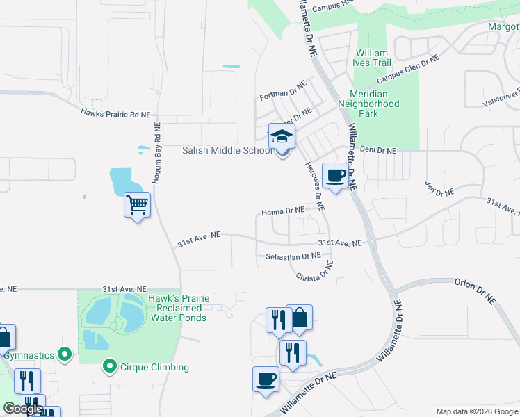 map of restaurants, bars, coffee shops, grocery stores, and more near 3229 Hanna Drive Northeast in Lacey