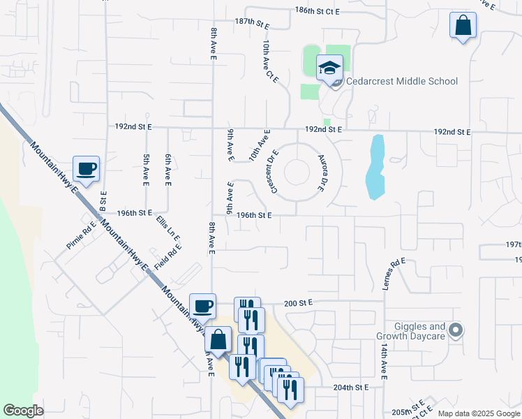 map of restaurants, bars, coffee shops, grocery stores, and more near 1001 196th Street East in Spanaway