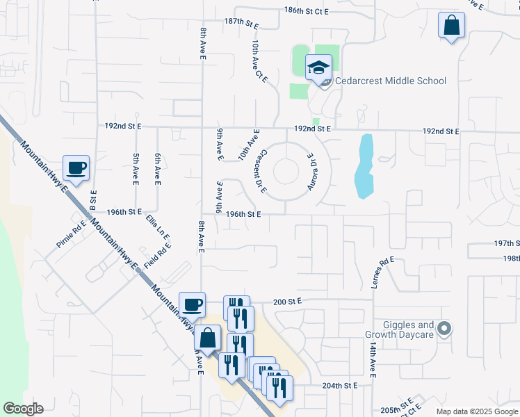 map of restaurants, bars, coffee shops, grocery stores, and more near 1001 196th Street East in Spanaway