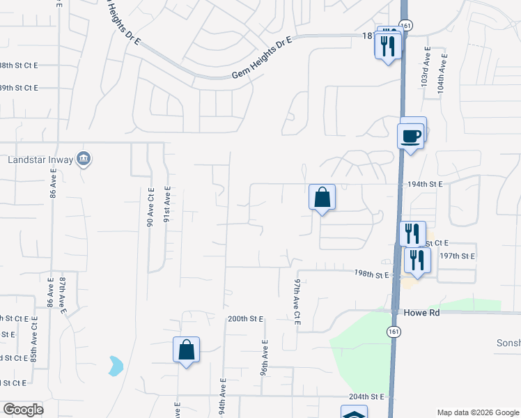 map of restaurants, bars, coffee shops, grocery stores, and more near 19505 95th Avenue East in Graham
