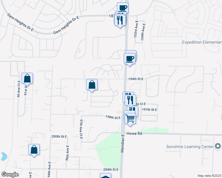map of restaurants, bars, coffee shops, grocery stores, and more near 10099 195th Street Court East in Graham