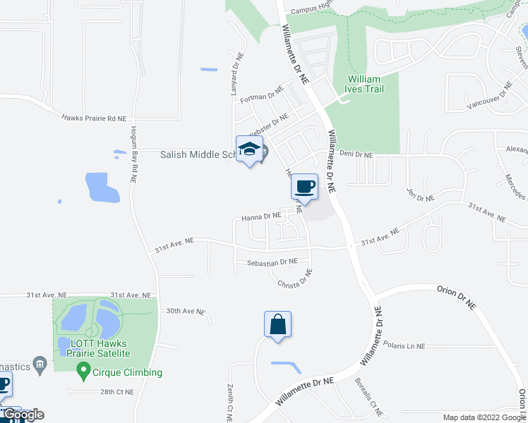 map of restaurants, bars, coffee shops, grocery stores, and more near 3261 Hanna Drive Northeast in Lacey