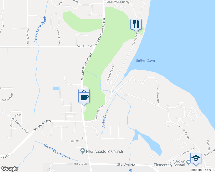 map of restaurants, bars, coffee shops, grocery stores, and more near 3315 Windolph Lane Northwest in Olympia