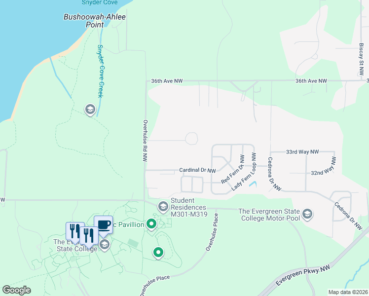 map of restaurants, bars, coffee shops, grocery stores, and more near 4027 Rainwood Drive Northwest in Olympia