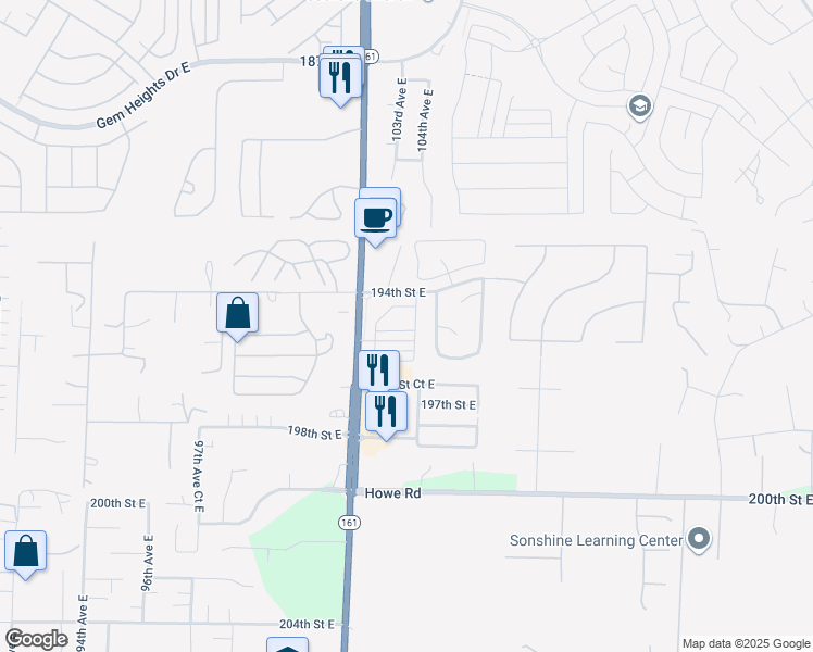 map of restaurants, bars, coffee shops, grocery stores, and more near 10214 194th Street East in Graham