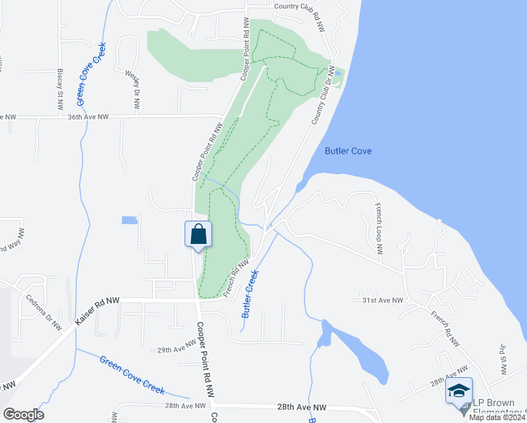 map of restaurants, bars, coffee shops, grocery stores, and more near 3315 Windolph Lane Northwest in Olympia
