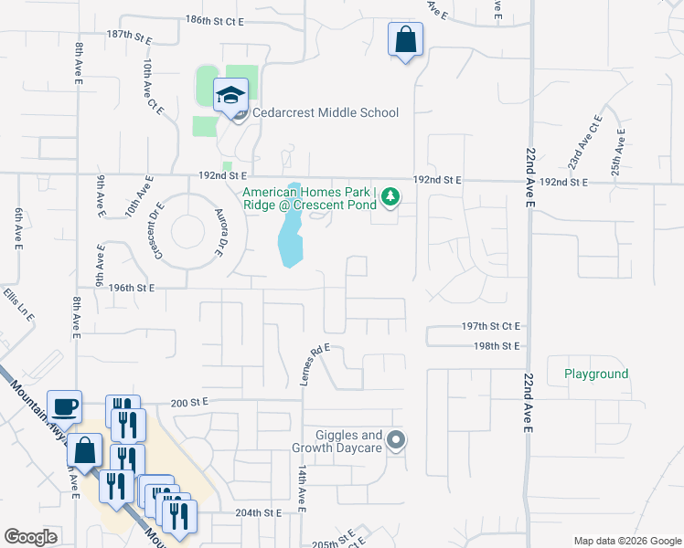 map of restaurants, bars, coffee shops, grocery stores, and more near 19524 15th Avenue Court East in Spanaway