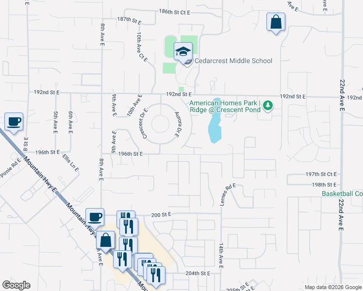 map of restaurants, bars, coffee shops, grocery stores, and more near 19506 12th Avenue Court East in Spanaway