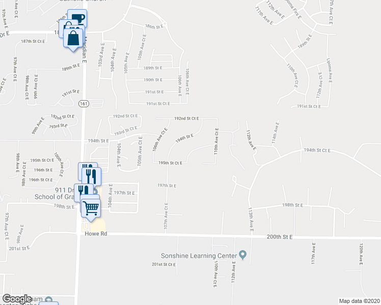 map of restaurants, bars, coffee shops, grocery stores, and more near 19599 108th Avenue Court East in Graham