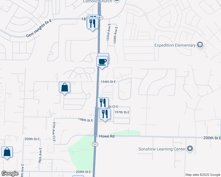 map of restaurants, bars, coffee shops, grocery stores, and more near 10214 194th Street East in Graham