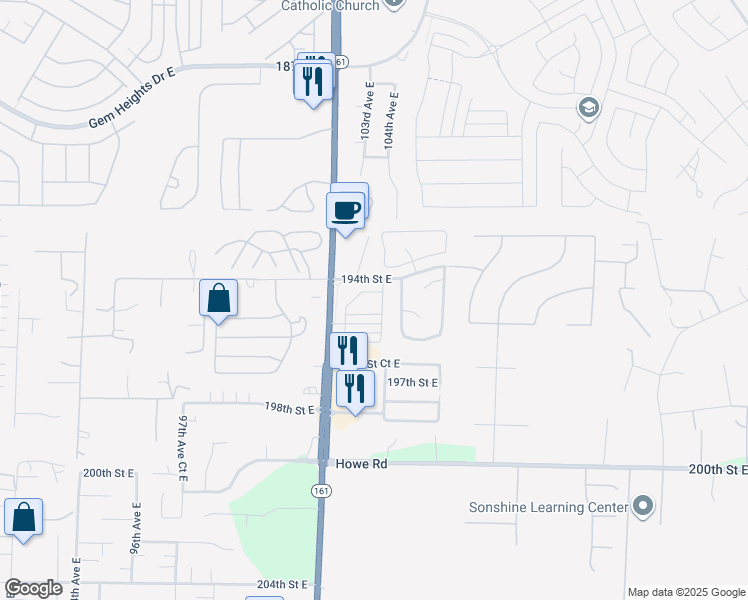 map of restaurants, bars, coffee shops, grocery stores, and more near 10214 194th Street East in Graham