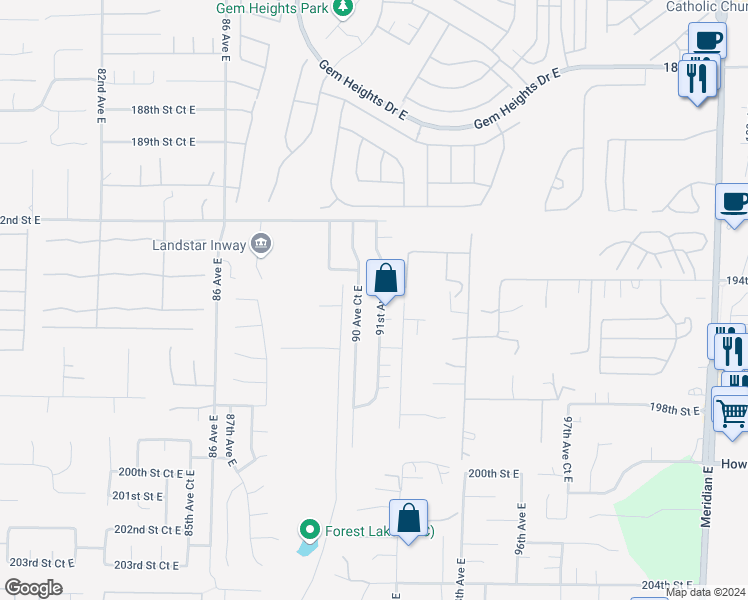 map of restaurants, bars, coffee shops, grocery stores, and more near 19428 91st Avenue East in Graham