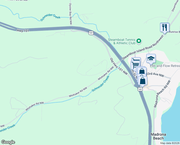 map of restaurants, bars, coffee shops, grocery stores, and more near 6826 Whittaker Road Northwest in Olympia