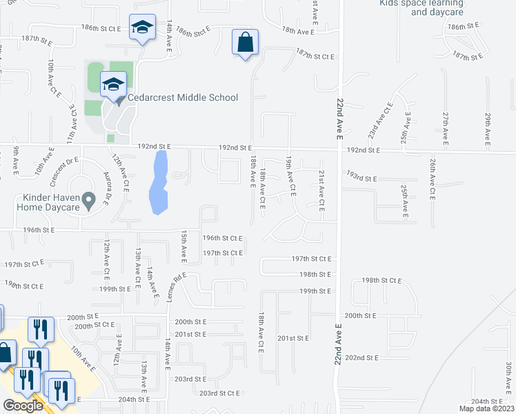 map of restaurants, bars, coffee shops, grocery stores, and more near 19422 18th Avenue Court East in Spanaway