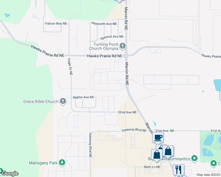 map of restaurants, bars, coffee shops, grocery stores, and more near 7304 33rd Avenue Northeast in Lacey