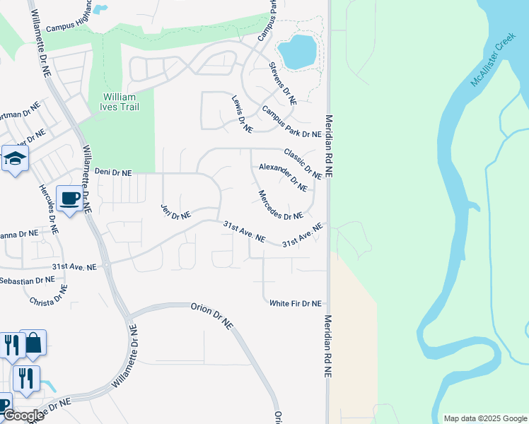 map of restaurants, bars, coffee shops, grocery stores, and more near 3240 Mercedes Drive Northeast in Lacey