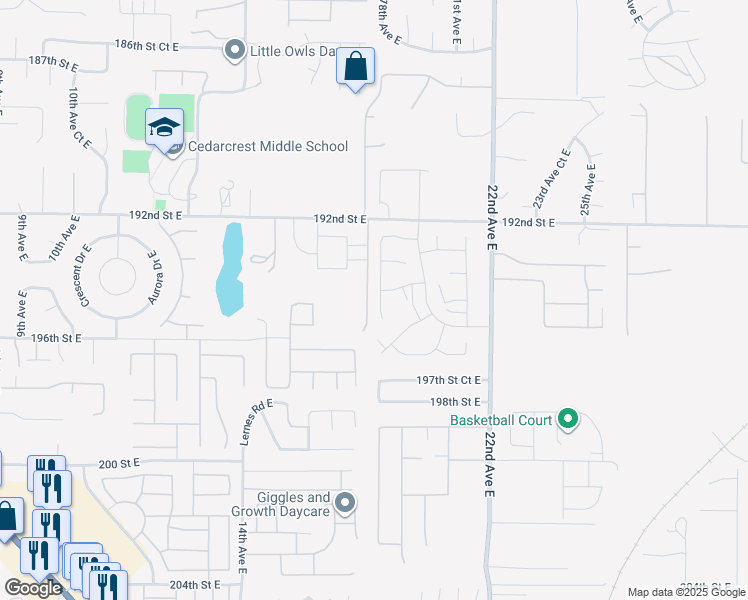 map of restaurants, bars, coffee shops, grocery stores, and more near 19414 18th Avenue East in Spanaway