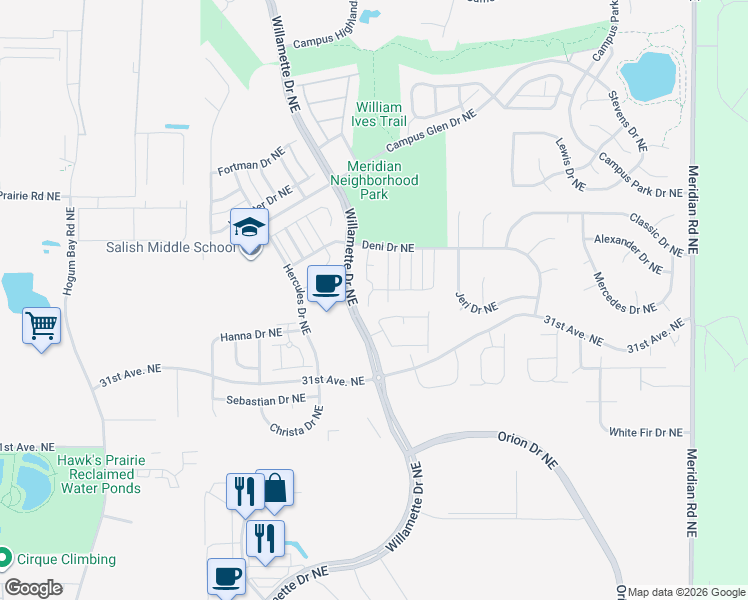 map of restaurants, bars, coffee shops, grocery stores, and more near 8807 Corona Street Northeast in Lacey