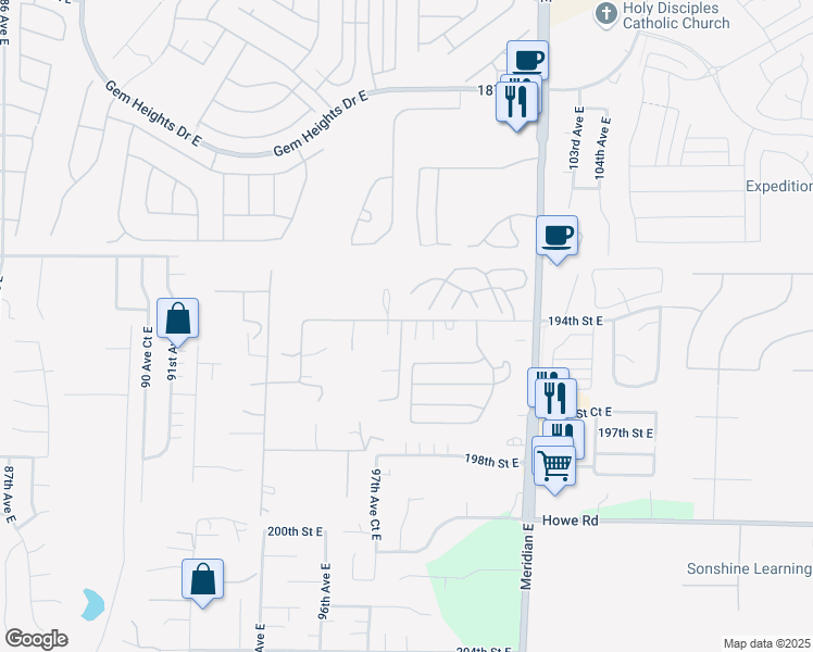 map of restaurants, bars, coffee shops, grocery stores, and more near 9705 194th Street East in Graham