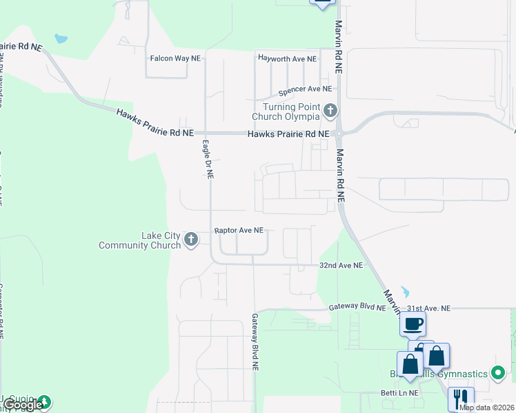 map of restaurants, bars, coffee shops, grocery stores, and more near 3311 Bali Street Northeast in Lacey