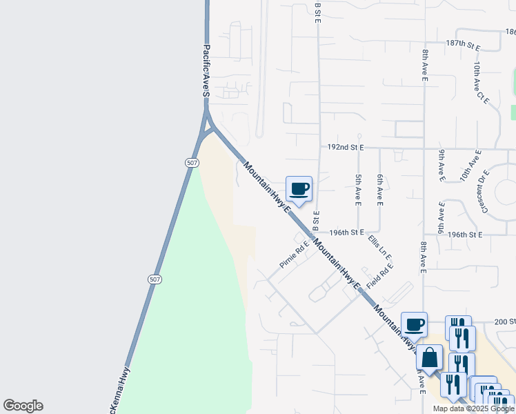 map of restaurants, bars, coffee shops, grocery stores, and more near 19422 Mountain Highway East in Spanaway