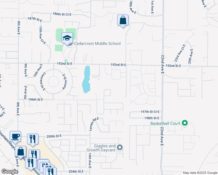 map of restaurants, bars, coffee shops, grocery stores, and more near 1607 195th Street East in Spanaway