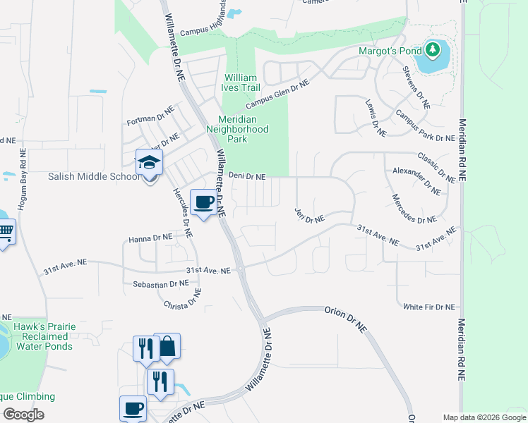 map of restaurants, bars, coffee shops, grocery stores, and more near 3321 Hydra Street Northeast in Lacey