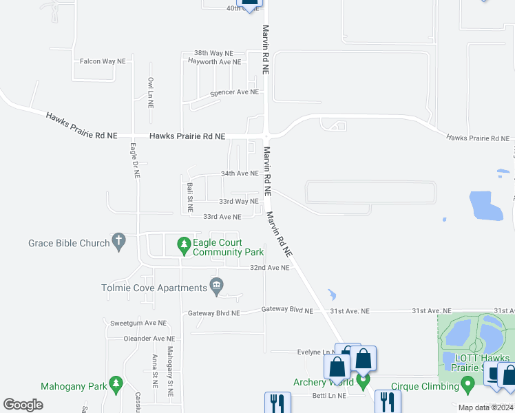 map of restaurants, bars, coffee shops, grocery stores, and more near 3324 Mia Street Northeast in Lacey