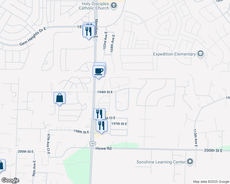 map of restaurants, bars, coffee shops, grocery stores, and more near 10636 194th Street East in Graham