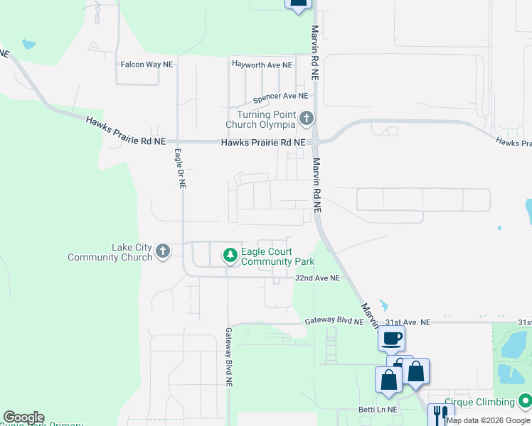 map of restaurants, bars, coffee shops, grocery stores, and more near 3320 Sadie Street Northeast in Lacey