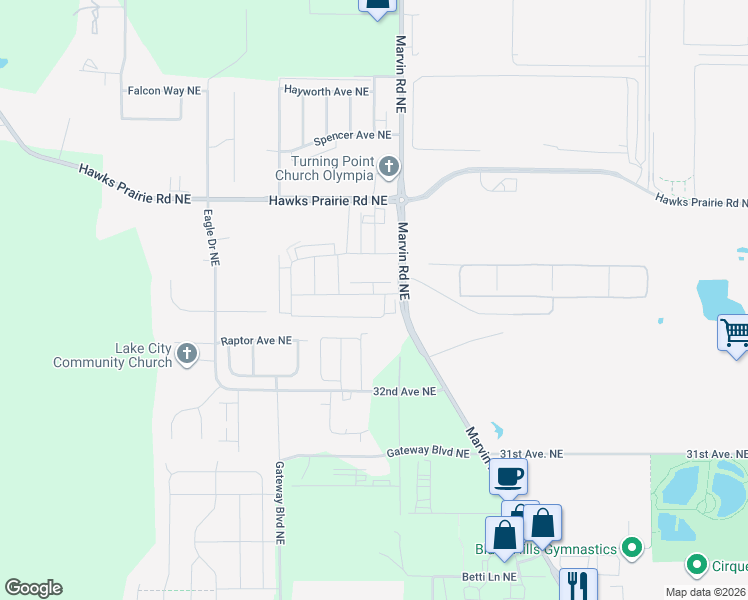 map of restaurants, bars, coffee shops, grocery stores, and more near 7328 33rd Way Northeast in Lacey