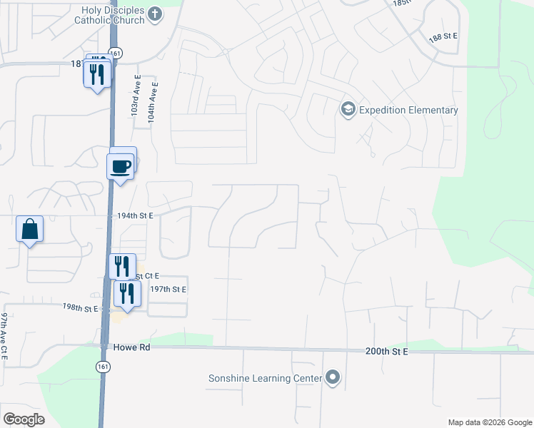 map of restaurants, bars, coffee shops, grocery stores, and more near 10818 194th Street East in Graham