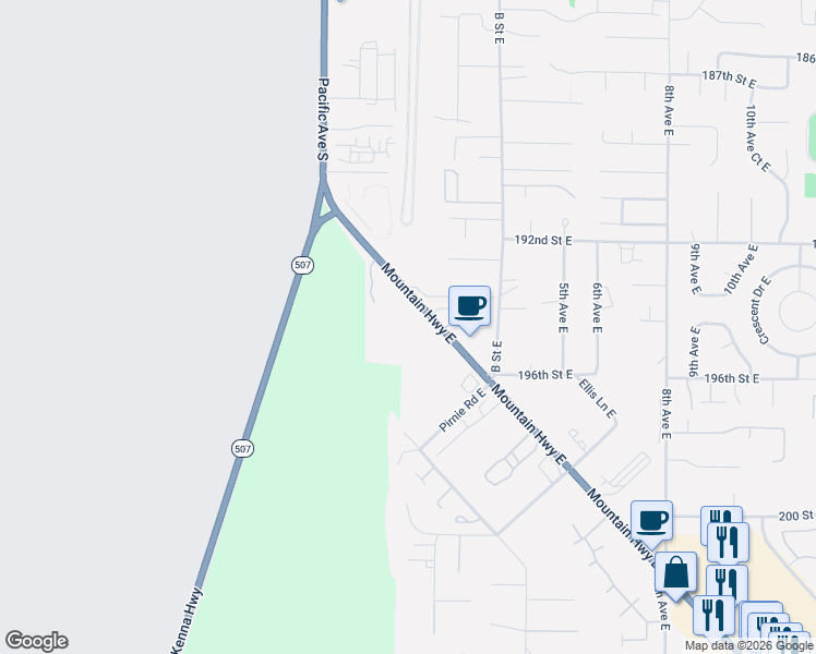 map of restaurants, bars, coffee shops, grocery stores, and more near 19422 Mountain Highway East in Spanaway