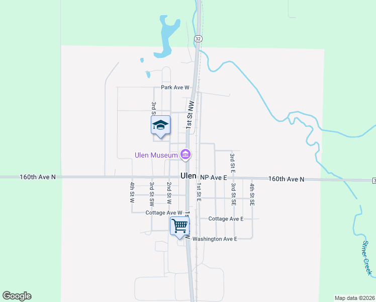 map of restaurants, bars, coffee shops, grocery stores, and more near 117 1st Street Northwest in Ulen