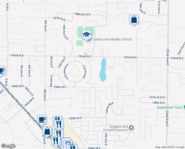 map of restaurants, bars, coffee shops, grocery stores, and more near 1205 194th Street East in Spanaway