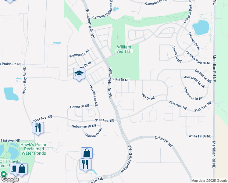 map of restaurants, bars, coffee shops, grocery stores, and more near 8807 Corona Street Northeast in Lacey