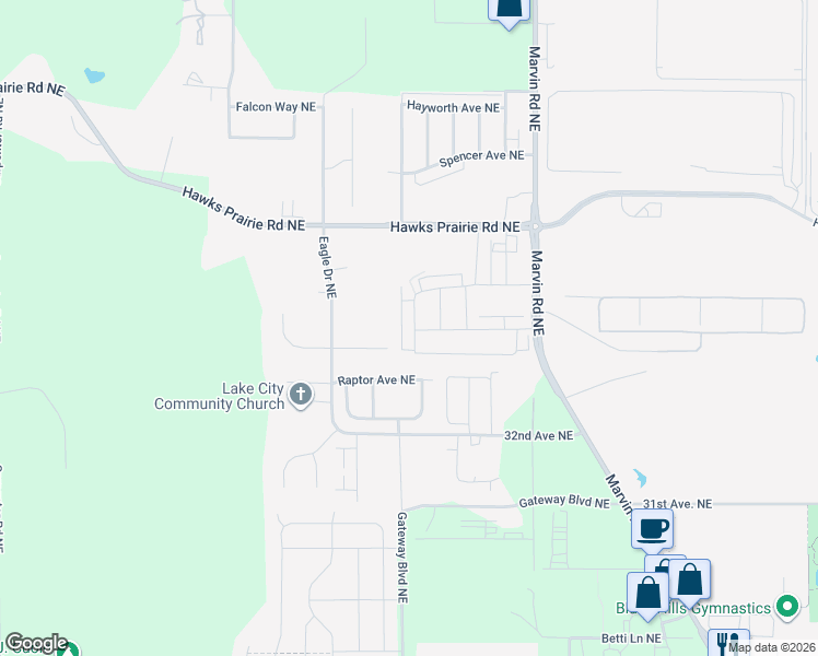 map of restaurants, bars, coffee shops, grocery stores, and more near 3339 Bali Street Northeast in Lacey