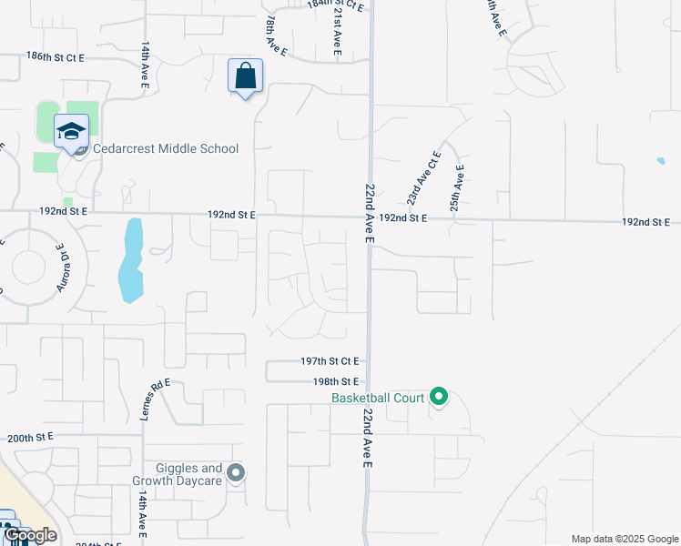 map of restaurants, bars, coffee shops, grocery stores, and more near 19410 21st Avenue Court East in Spanaway