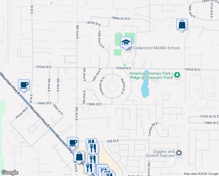 map of restaurants, bars, coffee shops, grocery stores, and more near 19408 Twinkle Drive East in Spanaway