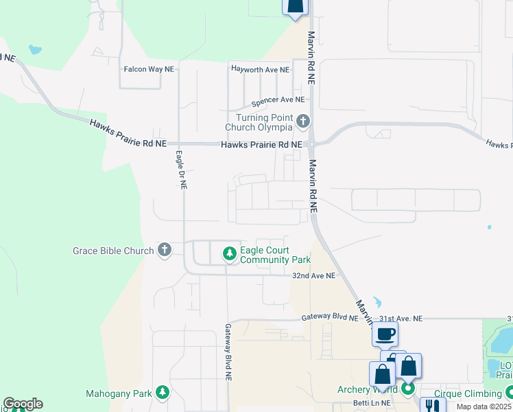 map of restaurants, bars, coffee shops, grocery stores, and more near 3320 Sadie Street Northeast in Lacey