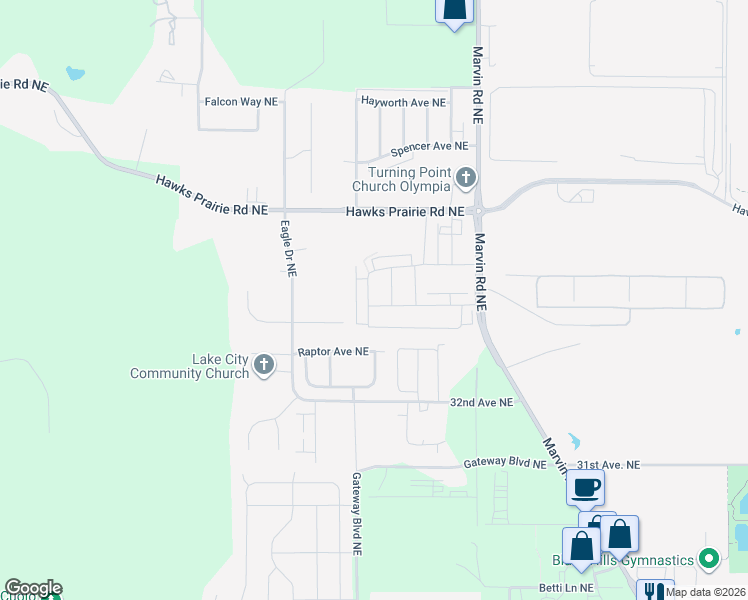 map of restaurants, bars, coffee shops, grocery stores, and more near 3340 Bali Street Northeast in Lacey