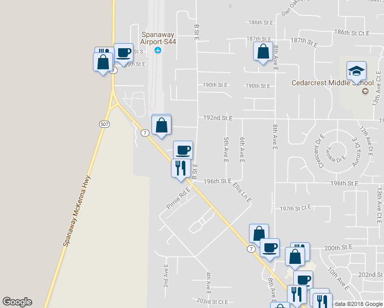 map of restaurants, bars, coffee shops, grocery stores, and more near 19406 19408 B Street East in Spanaway