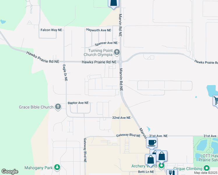 map of restaurants, bars, coffee shops, grocery stores, and more near 7328 33rd Way Northeast in Lacey