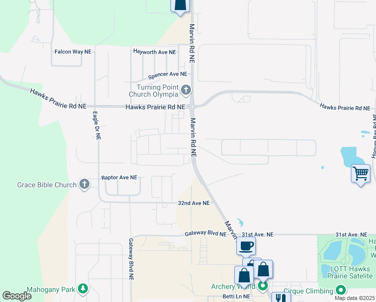 map of restaurants, bars, coffee shops, grocery stores, and more near 7416 33rd Way Northeast in Lacey