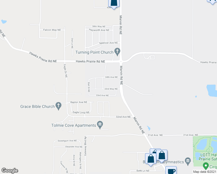map of restaurants, bars, coffee shops, grocery stores, and more near 7324 33rd Way Northeast in Lacey