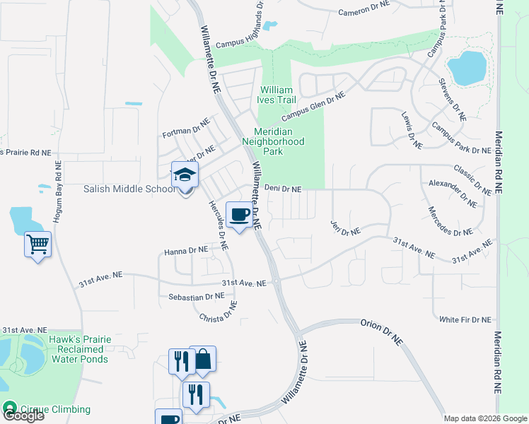 map of restaurants, bars, coffee shops, grocery stores, and more near 8807 Corona Street Northeast in Lacey