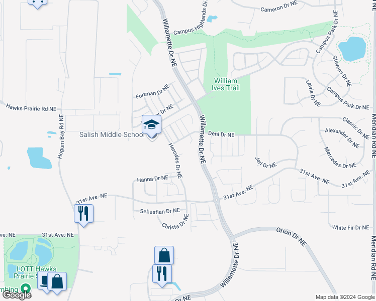 map of restaurants, bars, coffee shops, grocery stores, and more near 3315 Juno Court Northeast in Lacey